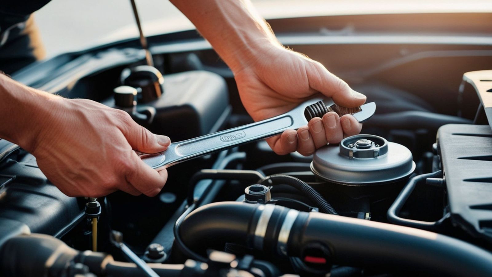 Technician tightening an engine component with a wrench